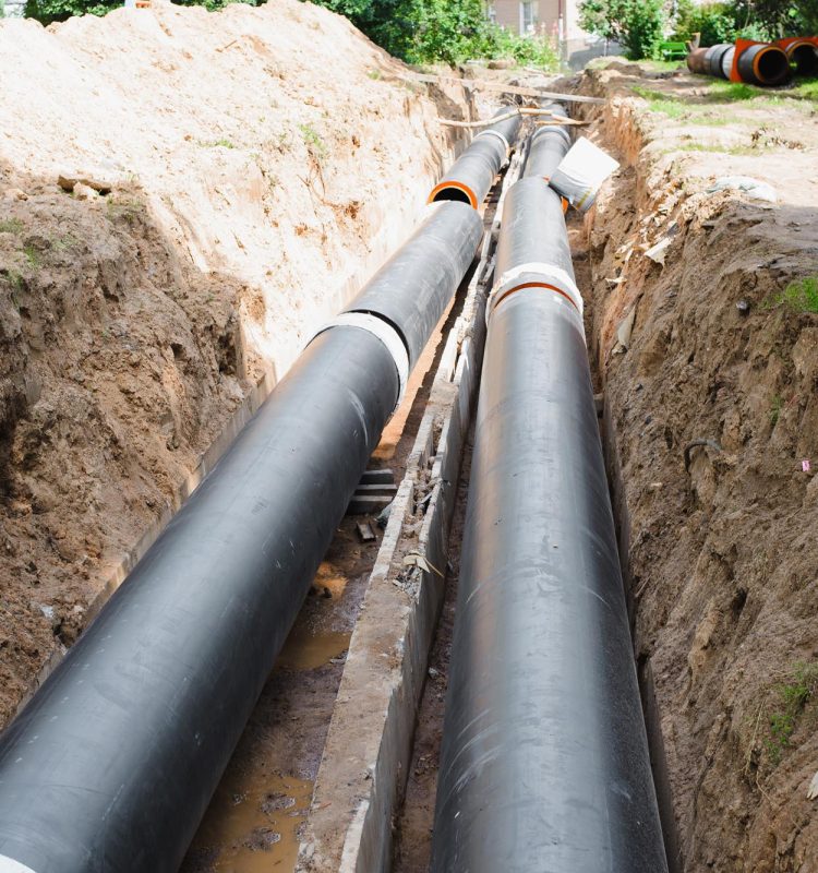 Plumbing repair. Installation of new industrial street water pipes in dug hole in two lines, outdoors.